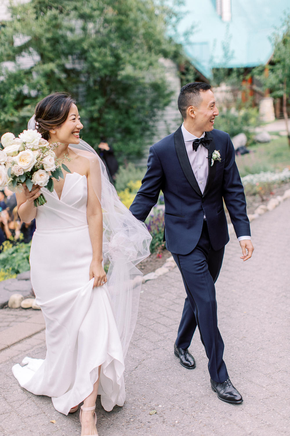 Emerald Lake Lodge wedding couple walking