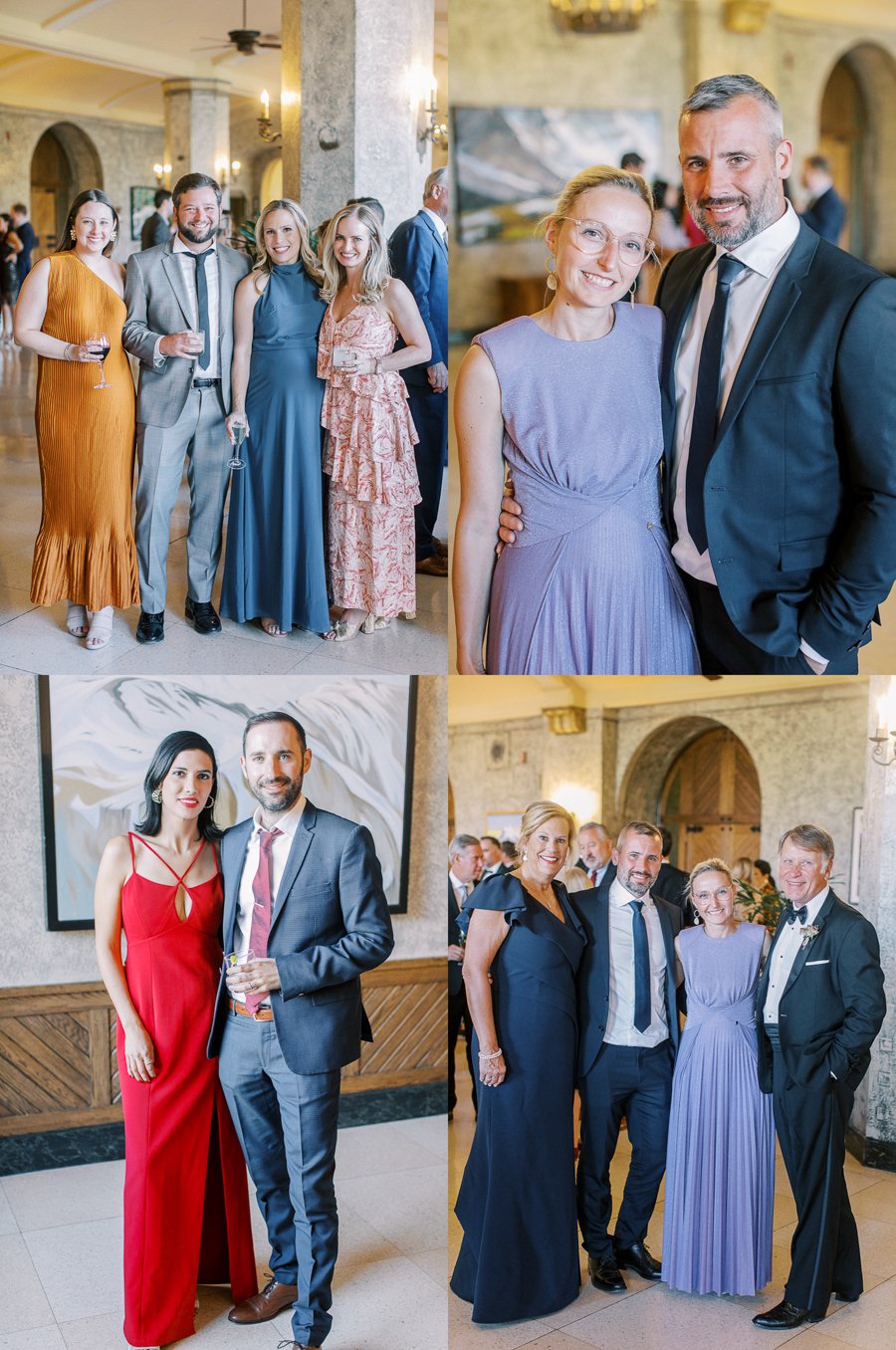 guest group portraits at the cocktail hour at the Fairmont Banff Springs wedding reception.