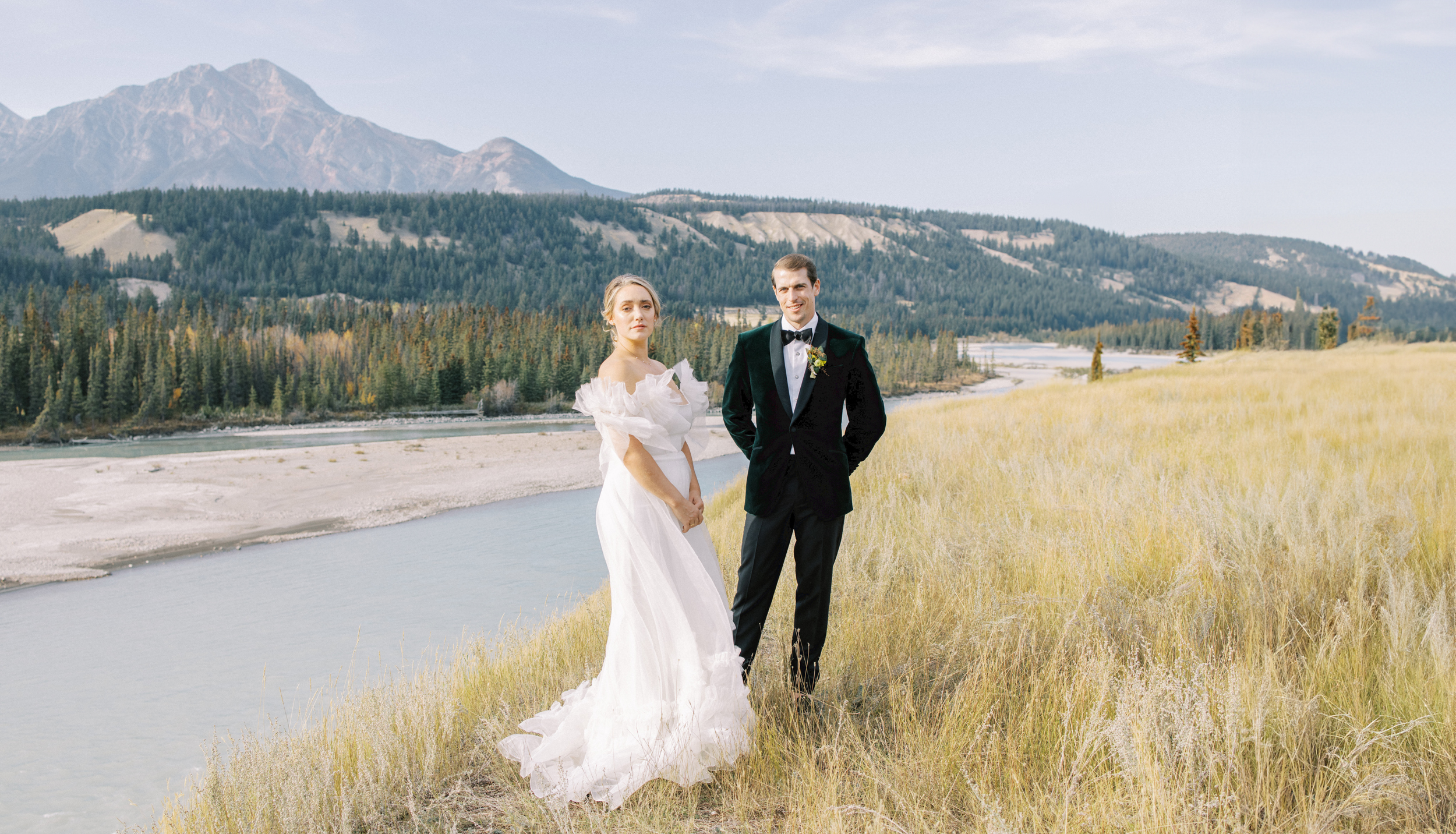 bride and groom posing for a portrait during their wedding in Jasper