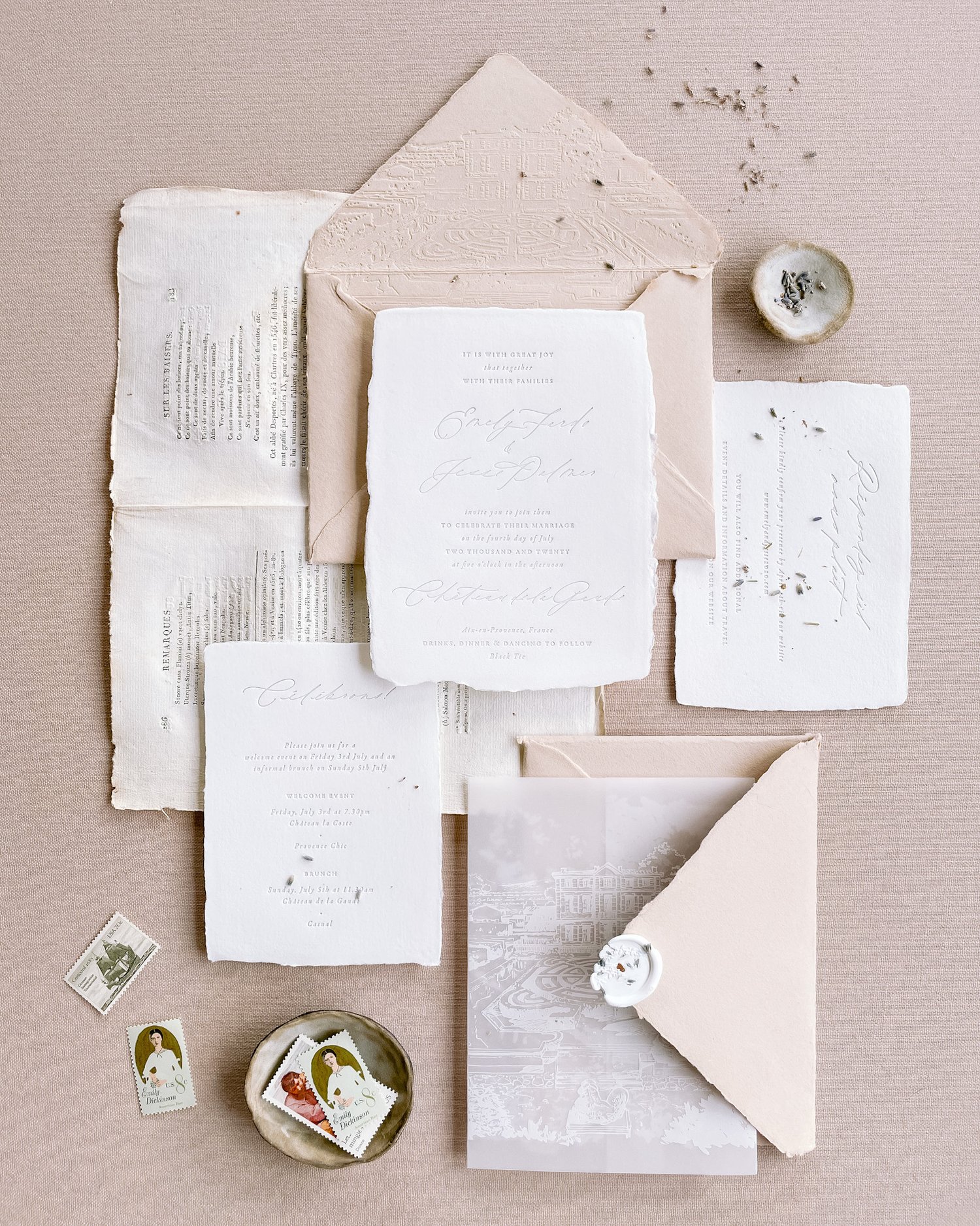 a wedding invite flat lay by Plume Calligraphy wedding stationery in Calgary
